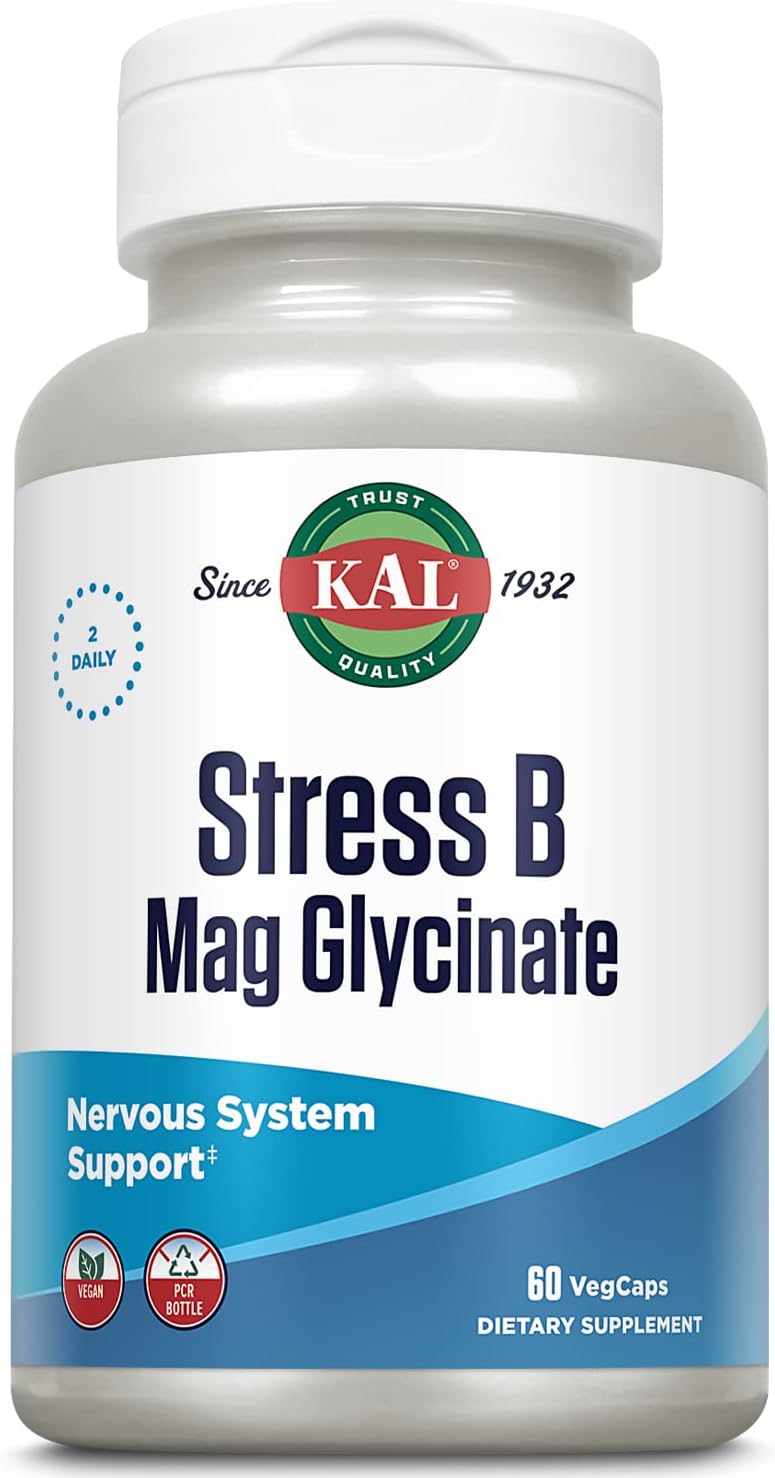 Kal Stress B Mag Glycinate, B Complex Vitamins Plus Magnesium, Active Forms Coenzyme Vitamin B-6, Methylcobalamin, And Folate From 5-Mthf, Healthy Mood & Relaxation Support, 30 Servings, 60 Vegcaps