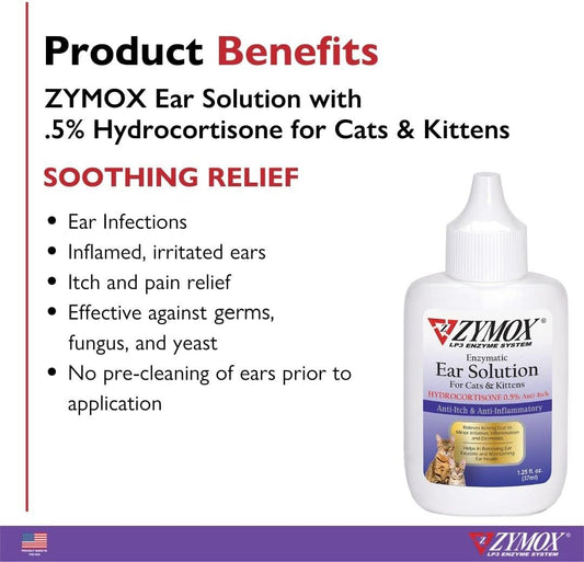 Zymox Enzymatic Ear Solution With 0.5% Hydrocortisone For Cats & Kittens, 1.25 Oz. – Cleans & Refreshes Ear Canal For Relief From Ear Wax, Dirt Buildup, Itchiness, Irritation, Inflammation & Redness