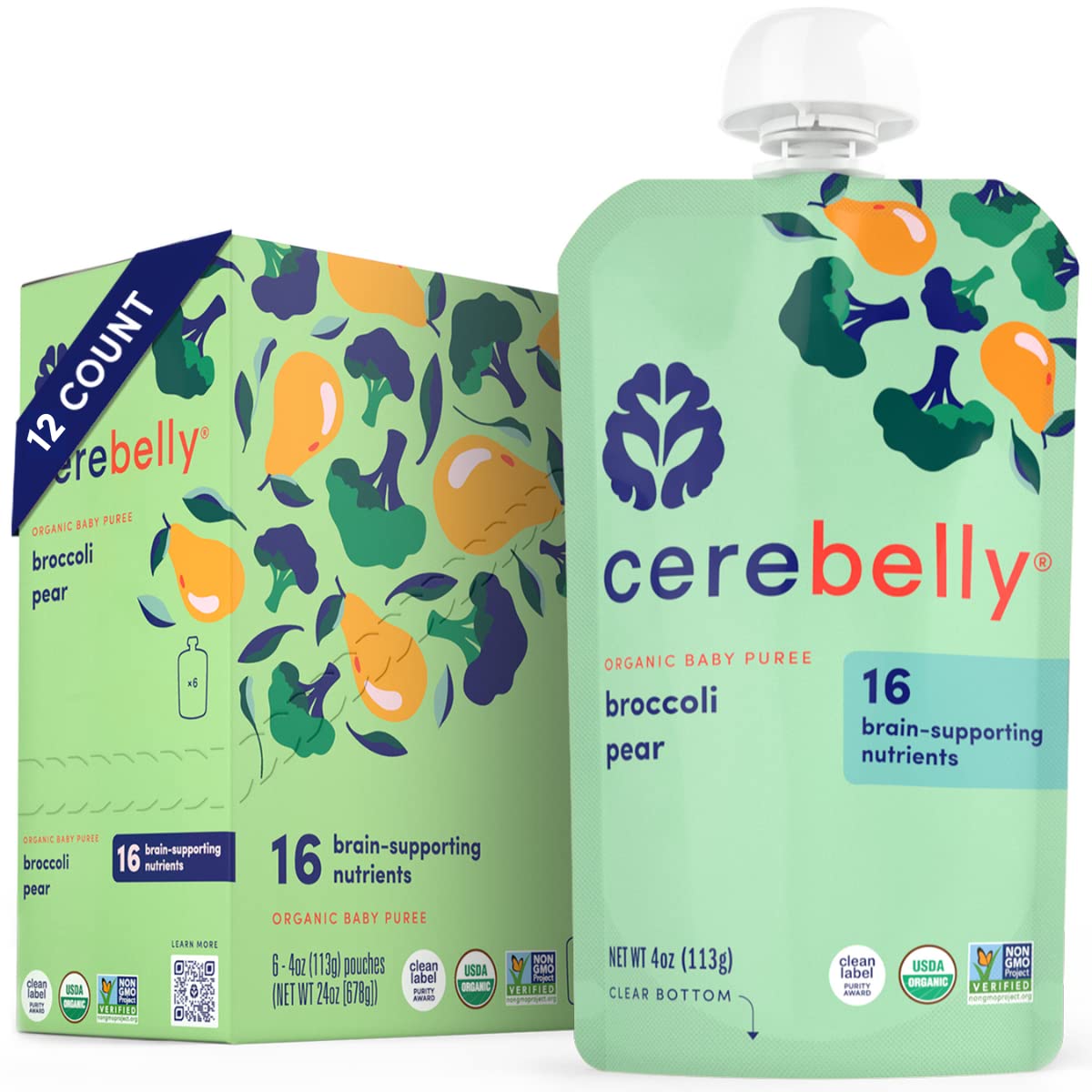 Cerebelly Baby Food Pouches – Organic Broccoli Pear (4 oz, Pack of 12) - Toddler Snacks - 16 Brain-Supporting Nutrients - Healthy Snacks, Made with Gluten-Free Ingredients, Non-GMO, No Added Sugar