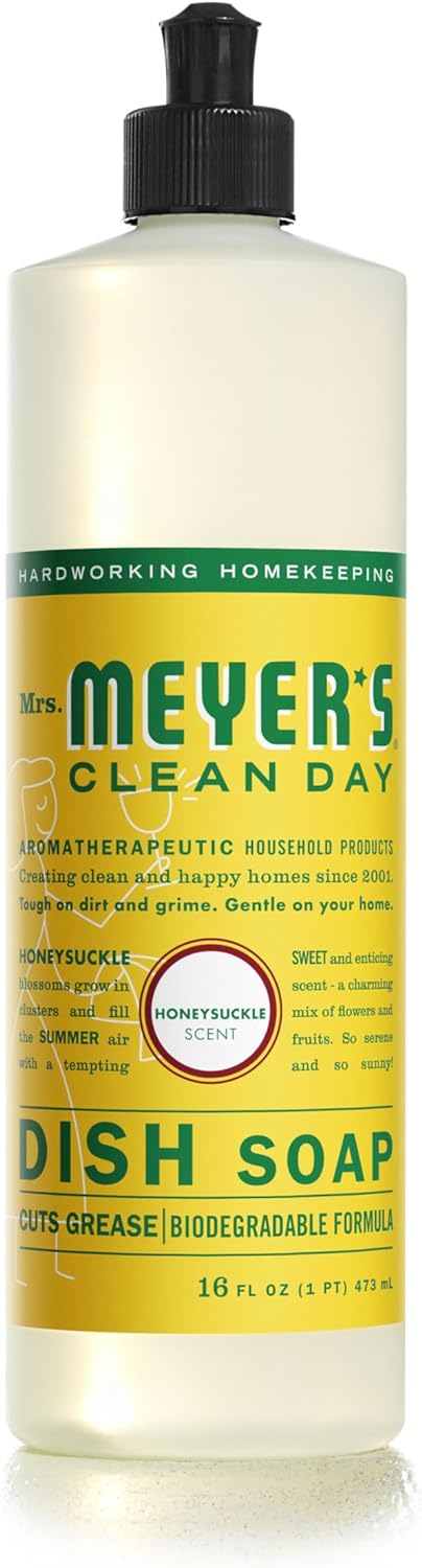 MRS. MEYER'S CLEAN DAY Liquid Dish Soap, Biodegradable Formula, Honeysuckle, 16 fl. oz