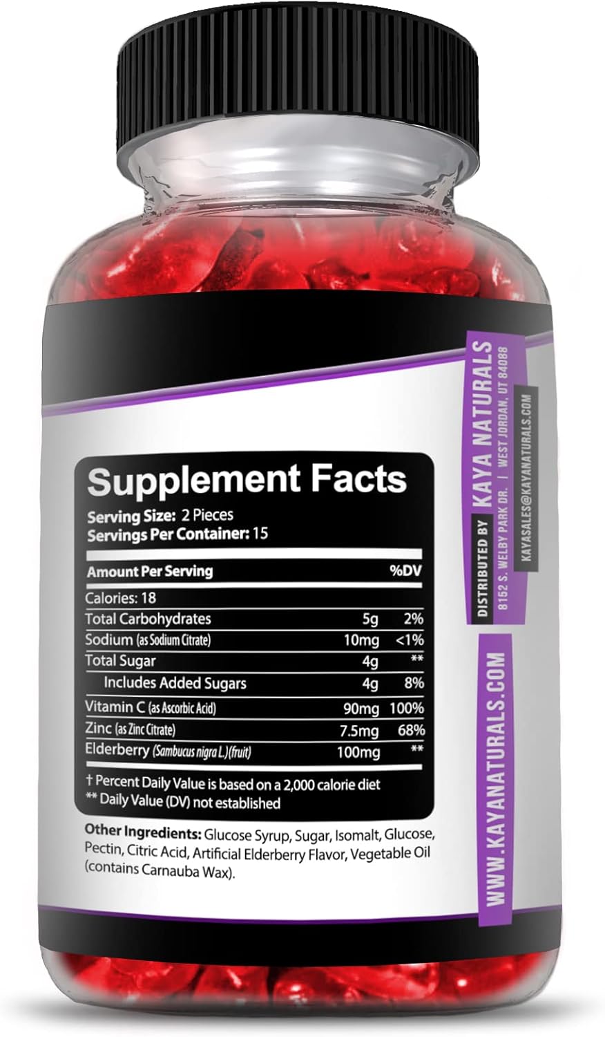 Kaya Naturals Immune Support Vegetarian Vitamin Gummy, 60 Count, Zinc, Vitamin C, Elderberry, Vitamin E, Lemon Flavor (30 Gummies) : Health & Household