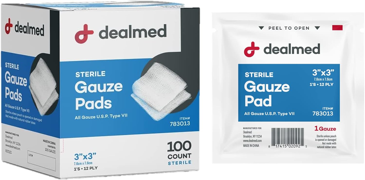 Dealmed Sterile Gauze Pads – 100 Count, 3’’ X 3’’ Gauze Pads, Disposable And Individually Wrapped Medical Gauze Pads, Wound Care Product For First Aid Kit And Medical Facilities