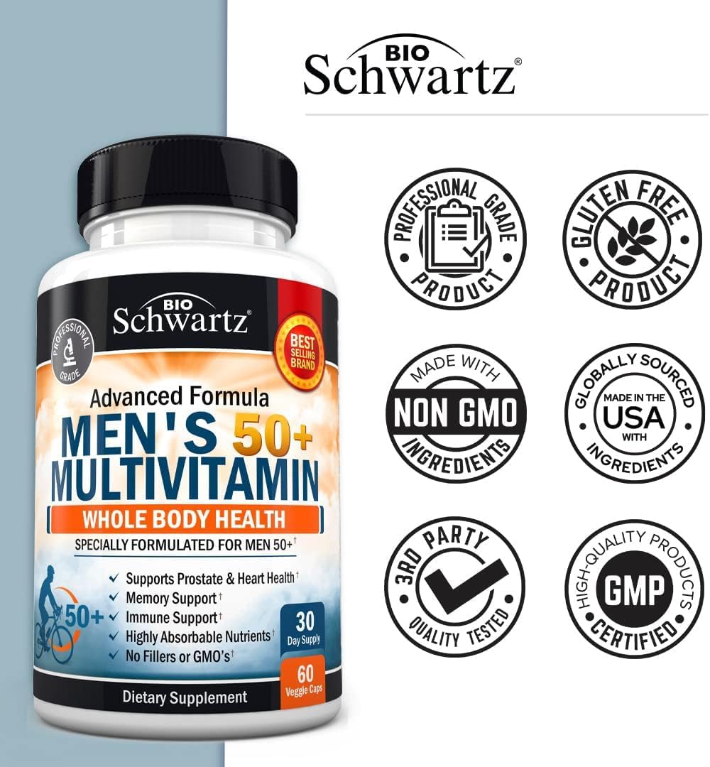 Once Daily Multivitamin for Men 50 and Over - Supplement for Heart Health Support - with Zinc, A, B, C, D3, E Vitamins - for Memory & Brain Health Support - Designed for Whole Body Health - 60 Count : Health & Household