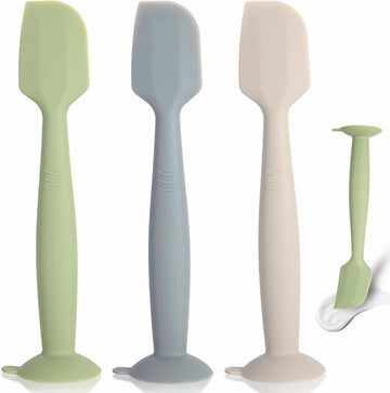 Baby Diaper Cream Spatula 3 Pack Diaper Spatula Soft Silicone Diaper Cream Applicator Baby Butt Paste Spatula Brush With Suction Base,Full Size(Gray+Off-White+Green)