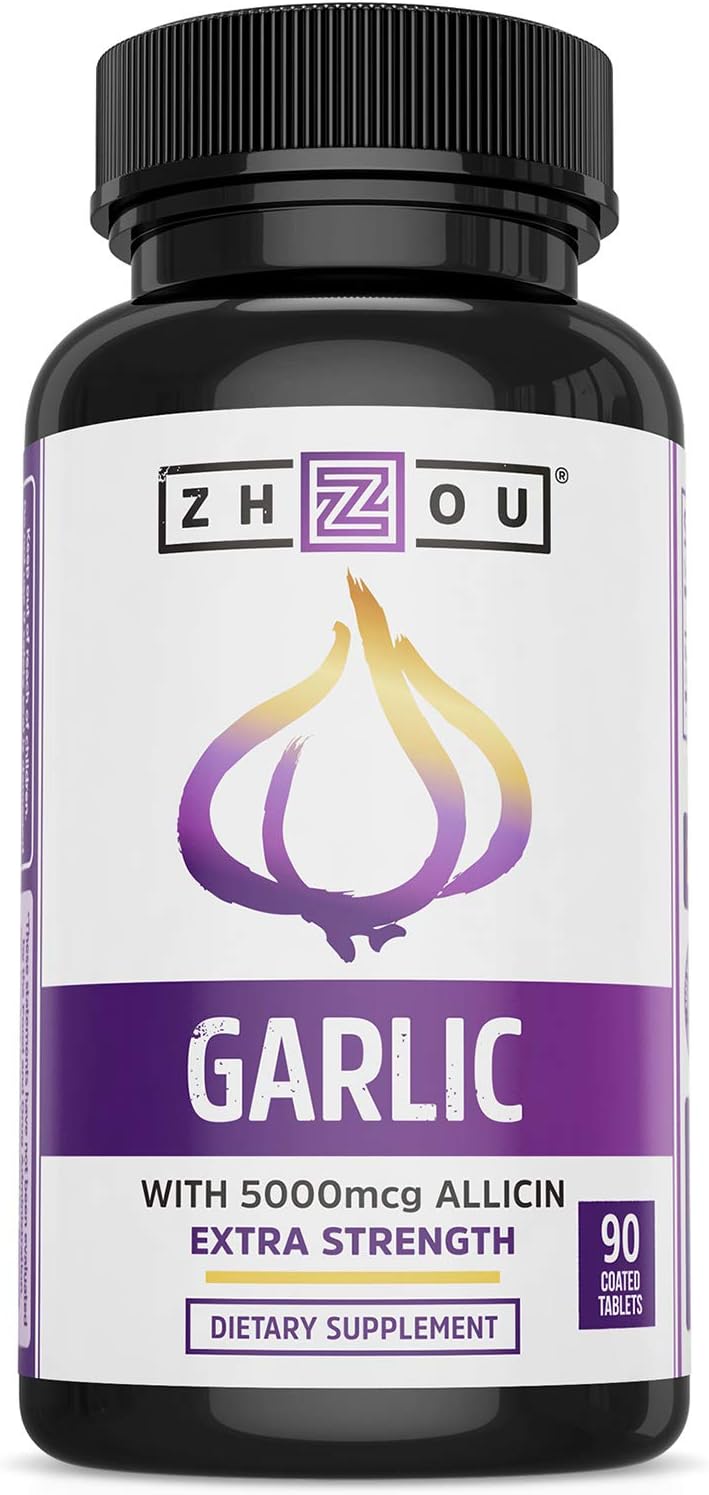 Zhou Nutrition Garlic Supplement With Allicin, Extra Strength 5000Mcg Allicin Per Serving, Support Immune System, Blood Pressure And Cholesterol Health, 90 Servings