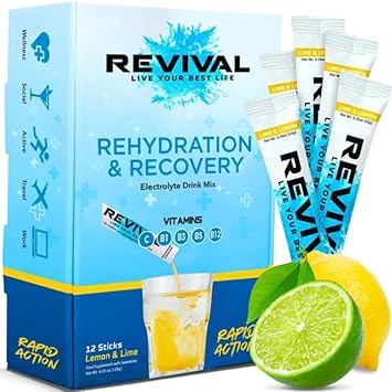 Revival Rapid Rehydration Electrolytes Powder - High Strength Vitamin C, B1, B3, B5, B12 Supplement Sachet Drink, Effervescent Electrolyte Hydration Tablets - 12 Pack Lemon Lime : Amazon.co.uk: Health & Personal Care
