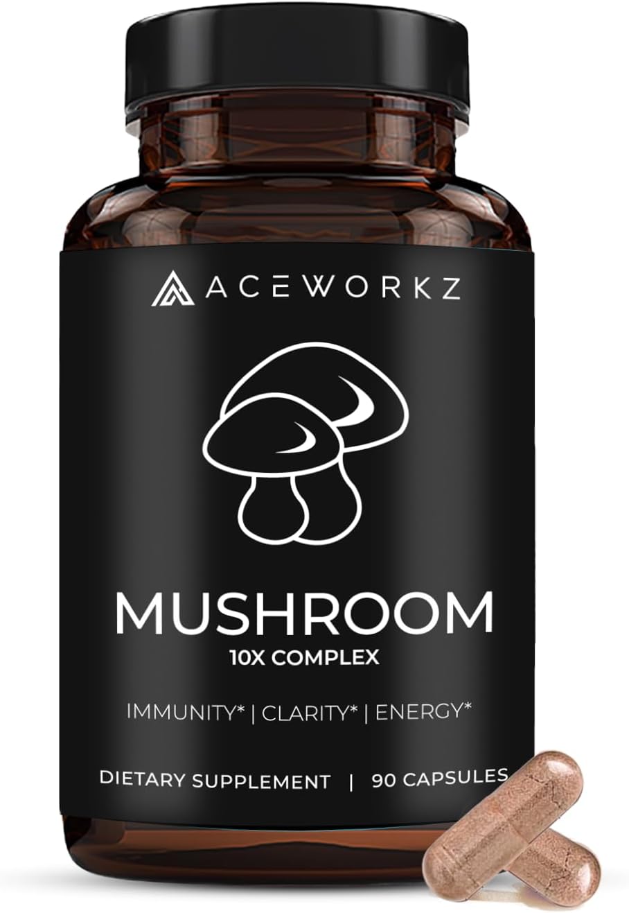 Aceworkz 10 Mushroom Complex Supplement - Lions Mane, Reishi And Cordyceps & More - Nootropic For Brain Health, Memory & Focus - Immunity & Energy (90 Capsules)