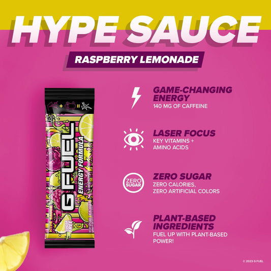 G Fuel Hype Sauce Energy Powder Packets, Sugar Free, Clean Caffeine Focus Supplement, Water Mix, Raspberry + Lemonade Flavor, Focus Amino, Vitamin + Antioxidants Blend - 6 Stick Pack, 0.25 Oz