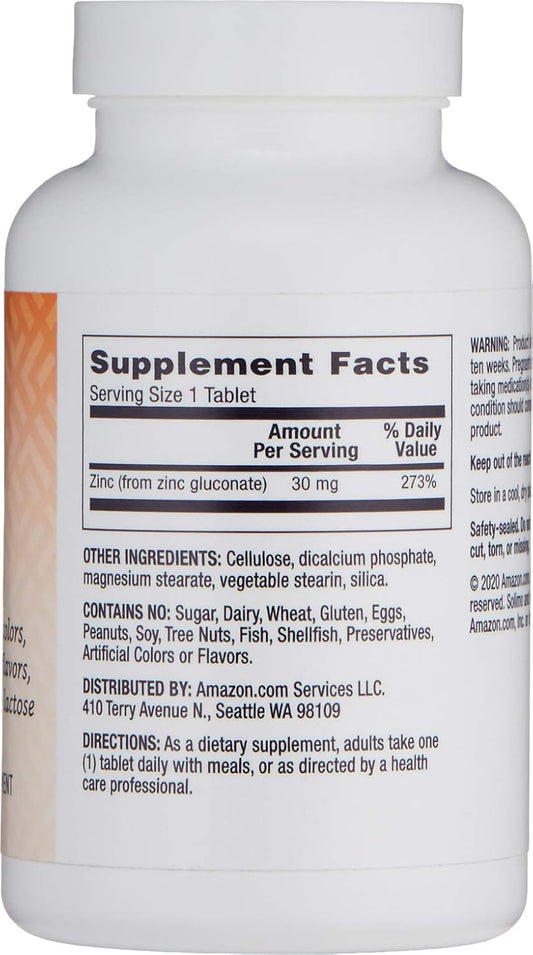 Amazon Brand - Solimo Zinc 30Mg, Unflavored, 300 Tablets, Ten Month Supply