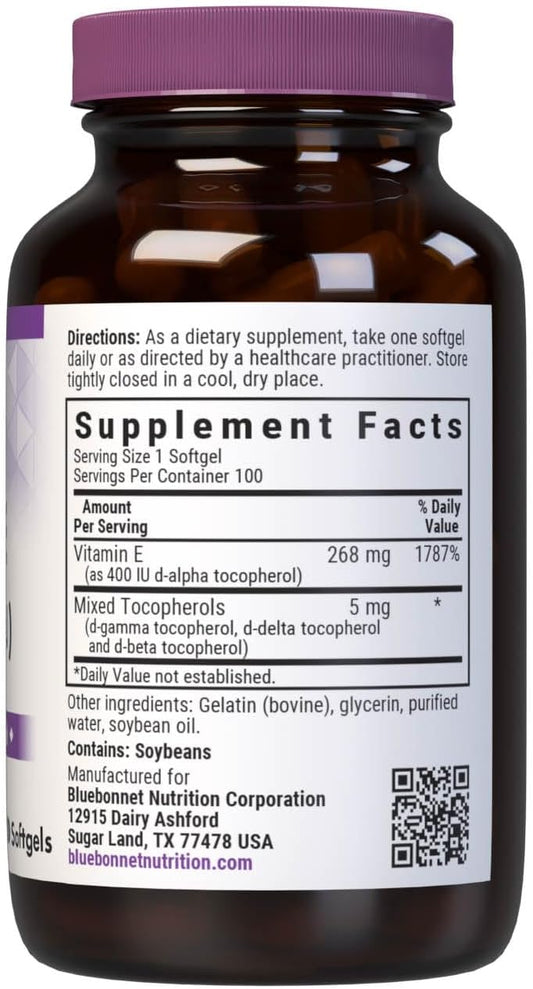 Bluebonnet Nutrition Vitamin E 400 Iu (268 Mg) Mixed Tocopherols Softgels, Free Radical Portection & Cardiovascular Support, Gluten-Free, Dairy-Free, Softgels, Servings, 100 Count