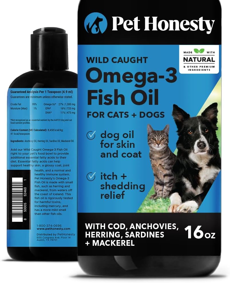 Pet Honesty Omega 3 Fish Oil for Cats & Dogs (16oz), Wild Caught Omega 3 Fish Oil for Dogs Skin and Coat Supplement, Supports Shedding, Skin & Coat, Immunity, Joint, Brain & Heart, EPA + DHA