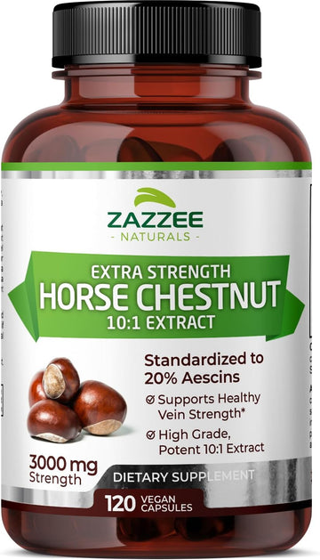 Zazzee Extra Strength Horse Chestnut 10:1 Extract, 3000 Mg Strength, 20% Aescins, 4 Month Supply, 120 Vegan Capsules, Concentrated And Standardized 10X Extract, All-Natural, Non-Gmo, Made In The Usa