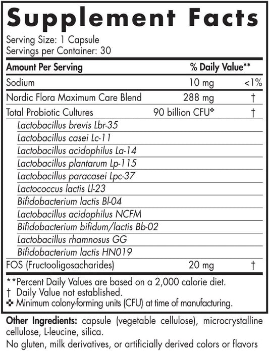 Nordic Naturals Nordic Flora Probiotic Maximum Care, 30 Capsules, 11 Probiotic Strains for Daily Immune and Digestive Health Support, Vegan, 30 Servings