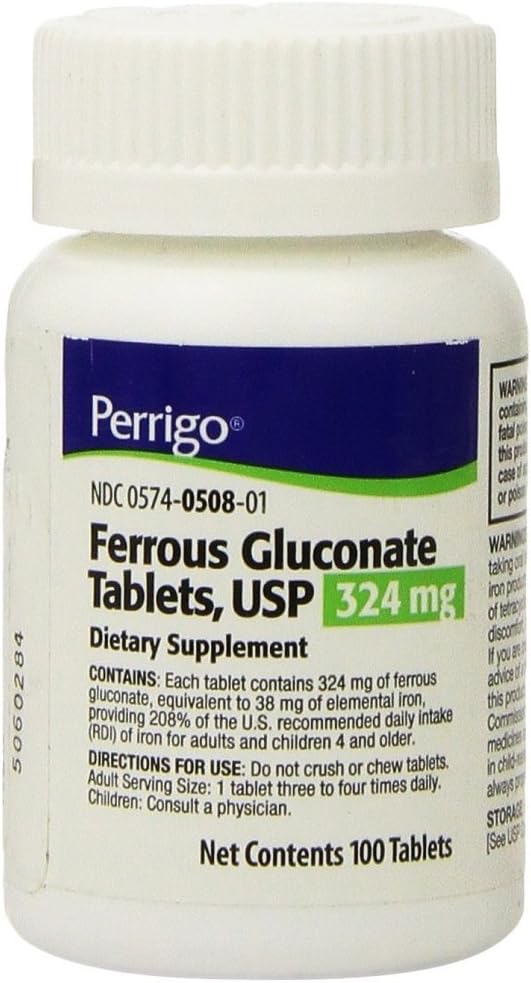 Perrigo Ferrous Gluconate Green Tablets, 324Mg, 100Ct (3 Pack) : Health & Household