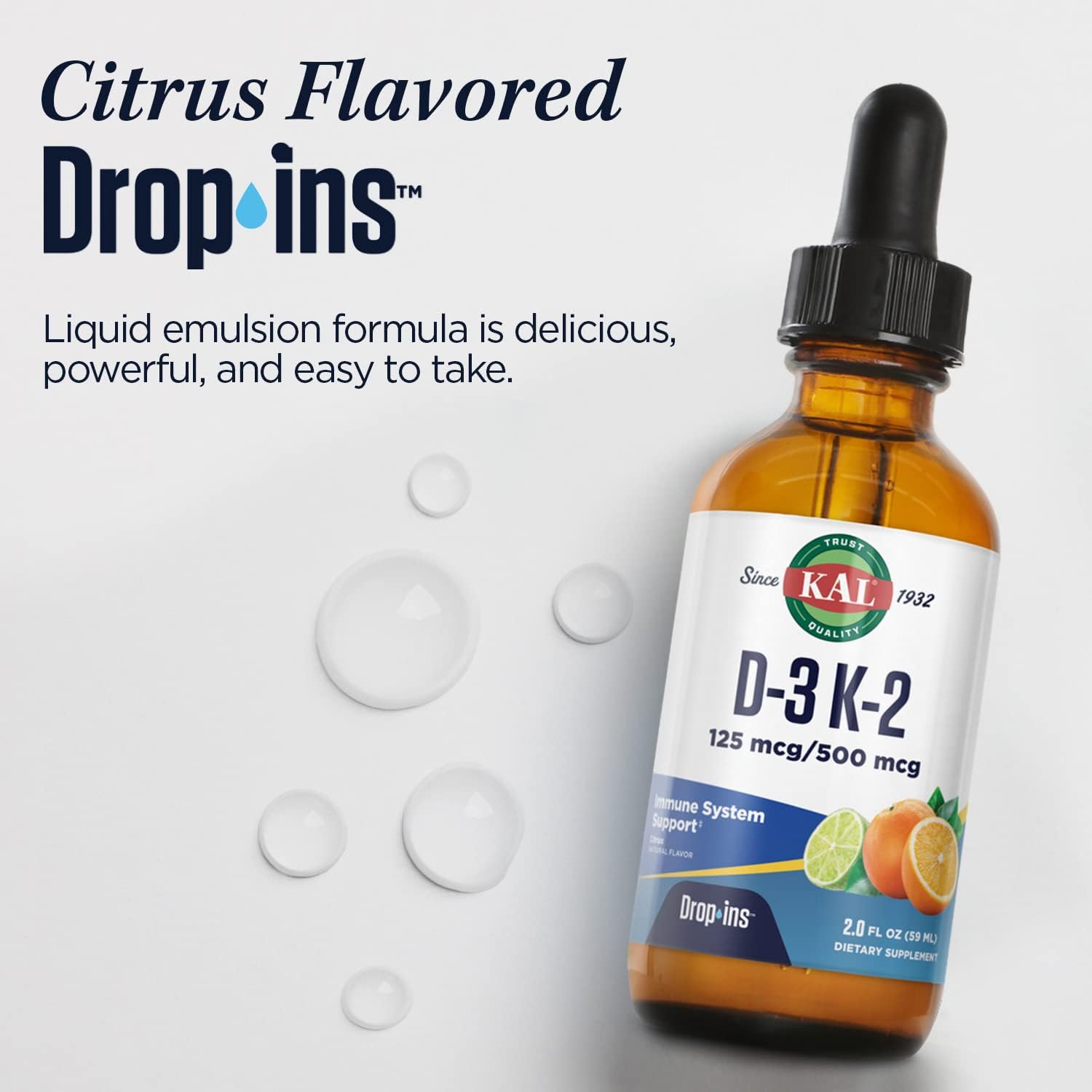 KAL D3 K2 DropIns 125 mcg / 500 mcg Liquid Vitamin D3 K2 Drops, Bone Health, Heart Health and Immune Support Supplement, Natural Citrus Flavor, 60-Day Money Back Guarantee, Approx. 59 Serv, 2 FL OZ : Health & Household