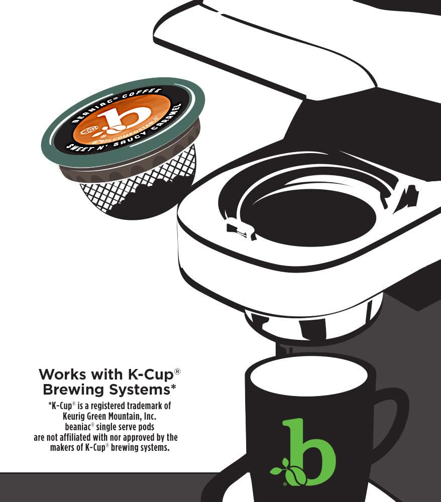 Beaniac Sweet N' Saucy Caramel, Flavored Light Roast, Single Serve Compostable K Cup Coffee Pods, Organic Arabica Coffee With Natural Flavors, Keurig Brewer Compatible, 30 Count