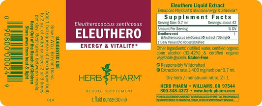 Herb Pharm Eleuthero Root Liquid Extract for Energy and Stamina, Cane Alcohol, 1 Ounce