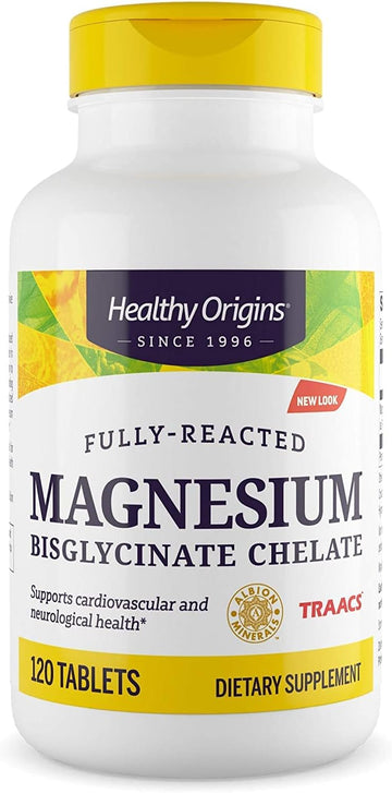 Healthy Origins Magnesium Bisglycinate Chelate (TRAACS) - Chelated Magnesium for Brain & Heart Health - Albion Magnesium Supplement - Unbuffered Supplements - 120 Tablets