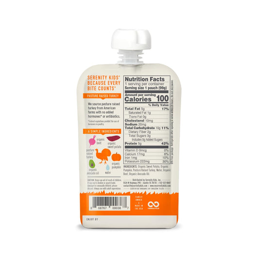 Serenity Kids 6+ Months Baby Food Pouches Puree Made With Ethically Sourced Meats & Organic Veggies | 3.5 Ounce Bpa-Free Pouch | Pasture Raised Turkey, Sweet Potato, Pumpkin, Beet | 1 Count
