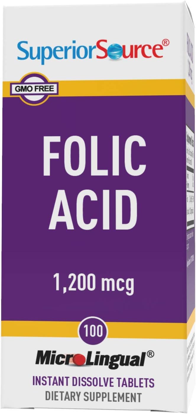 Superior Source Folic Acid Vitamin B9 1200 mcg MicroLingual Instant Dissolve Tablets Under Tongue Melts, 100 Count : Health & Household