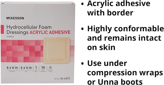 Mckesson Hydrocellular Foam Dressings, Sterile, Acrylic Adhesive, Dimension 6 In X 6 In, Pad 4 In X 4 In, 10 Count, 1 Pack