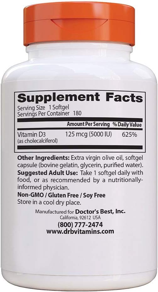 Doctor'S Best Vitamin D3 5000Iu, Non-Gmo, Gluten & Soy Free, Regulates Immune Function, Supports Healthy Bones, White, No Flavour, 180 Count (Pack Of 2)