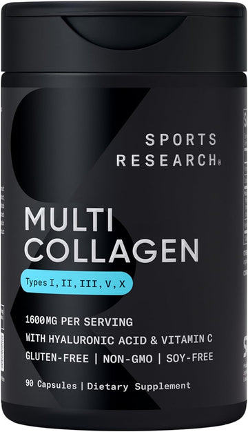 Sports Research Multi Collagen Pills (Type I, Ii, Iii, V, X) Hydrolyzed Collagen Peptides With Hyaluronic Acid + Vitamin C | Non-Gmo Verified & Gluten Free - 90 Capsules