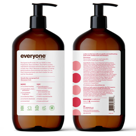 Everyone 3-In-1 Soap, Body Wash, Bubble Bath, Shampoo, 32 Ounce (Pack Of 2), Ruby Grapefruit, Coconut Cleanser With Plant Extracts And Pure Essential Oils
