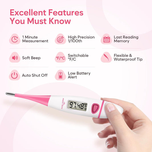 Easy@Home Basal Body Thermometer: BBT for Fertility Prediction with Memory Recall - Accurate Digital Basal Thermometer for Temperature Monitoring with Premom App - EBT-018 (Pink)