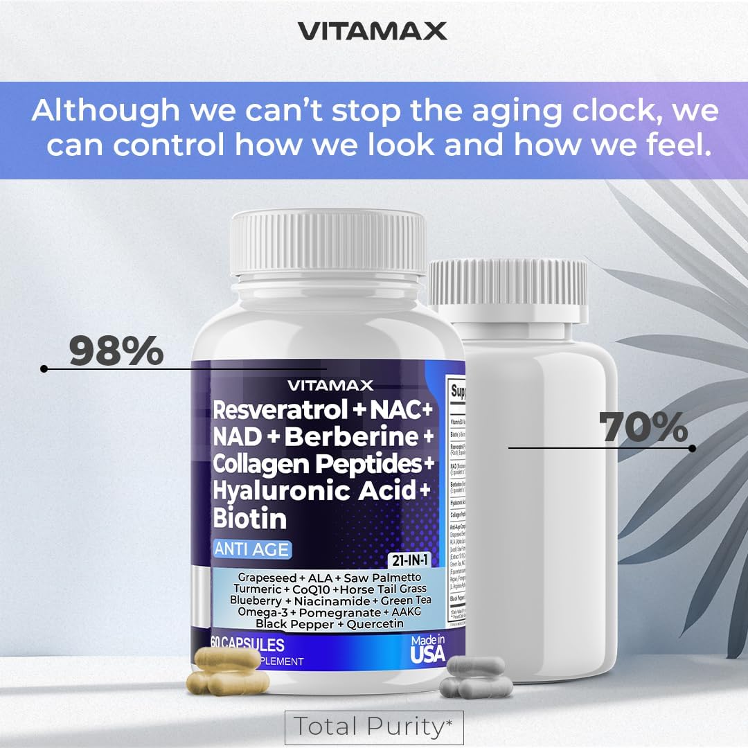 Vitamax Resveratrol Nad+ Berberine Hyaluronic Acid - Biotin Grape & Blueberry + Nac - Collagen Peptides - Hair, Nail, Skin & Joint Supplement - 21-In-1 Women And Men - Made In Usa - 120 Count : Health & Household