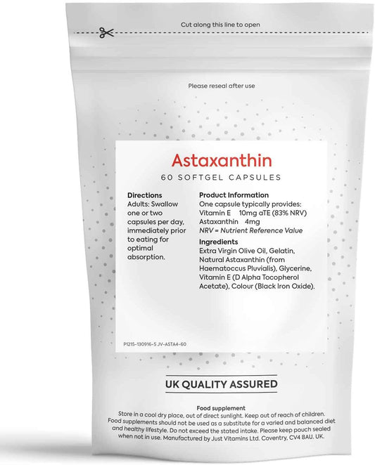 Premium Astaxanthin 4mg Supplement with Vitamin E, 60 Soft Gel Capsules. Natural Source from Haematococcus Pluvialis - Enhanced Absorption in Virgin Olive Oil. UK Made by Just Vitamins : Amazon.co.uk: Health & Personal Care