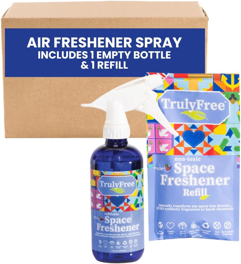 Truly Free Space Freshener Starter Kit, Lemongrass Essential Oil - Car And Air Fresheners For Home, Natural Odor Eliminator Room Spray, 16Oz Spray Bottle, 1 Refill (3.4Oz) No Synthetic Fragrances