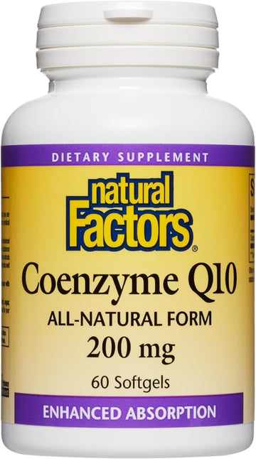 Natural Factors Coenzyme Q10 200 Mg, Natural Coenzyme Q10 Supplement For Energy, Heart And Cognitive Support, 60 Softgels