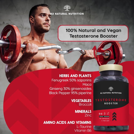 Testosterone Booster Complex For Men With Fenugreek, L-Taurine Maca Gingseng, Zinc, L-Taurine, Black Pepper. Mood Stimulant, Endurance, Energy. Pre Workout. 120 Capsules. Vegan. N2 Natural Nutrition