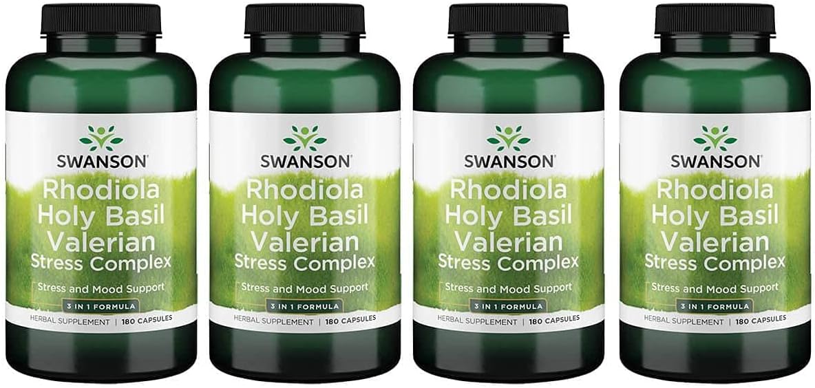 Swanson Rhodiola Holy Basil Valerian Stress Complex 225/225/225 Stress Mood Wellbeing Relaxation Support Milligrams 180 Capsules (4 Pack)