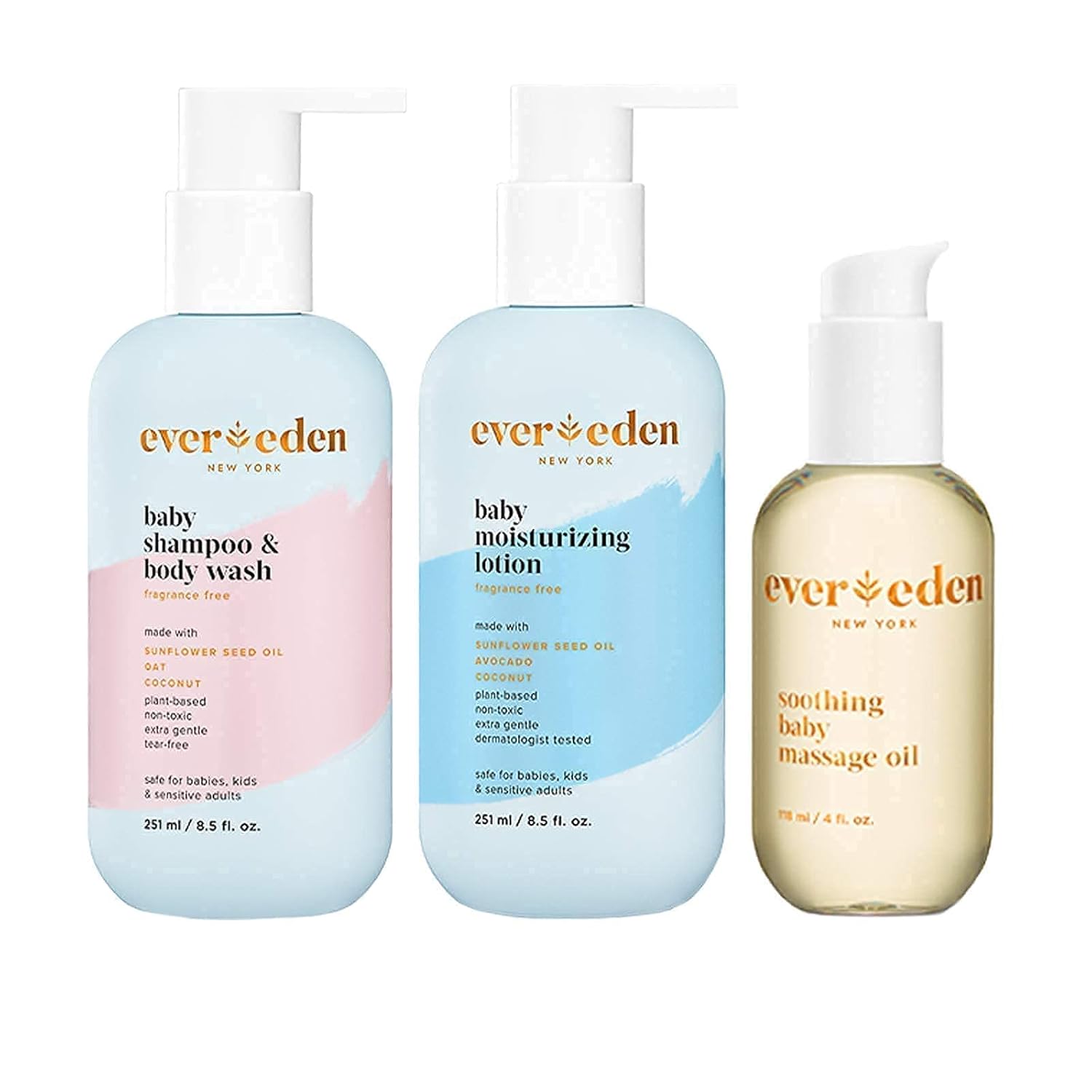 Evereden Baby Bathtime Basics Trio | Baby Shampoo And Body Wash, 8.5 Fl Oz & Fragrance Free Baby Moisturizing Lotion, 8.5 Fl Oz & Soothing Baby Massage Oil, 4 Fl Oz | 3 Item Bundle Set | Clean