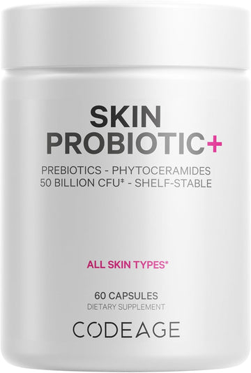 Codeage Skin Probiotics + Prebiotics - Skin Care Routine Supplement - 50 Billion Cfu - Ayurvedic Botanical Herbs - Face Probiotics - Shelf Stable Cleanser, Non-Gmo, Vegan - 60 Capsules