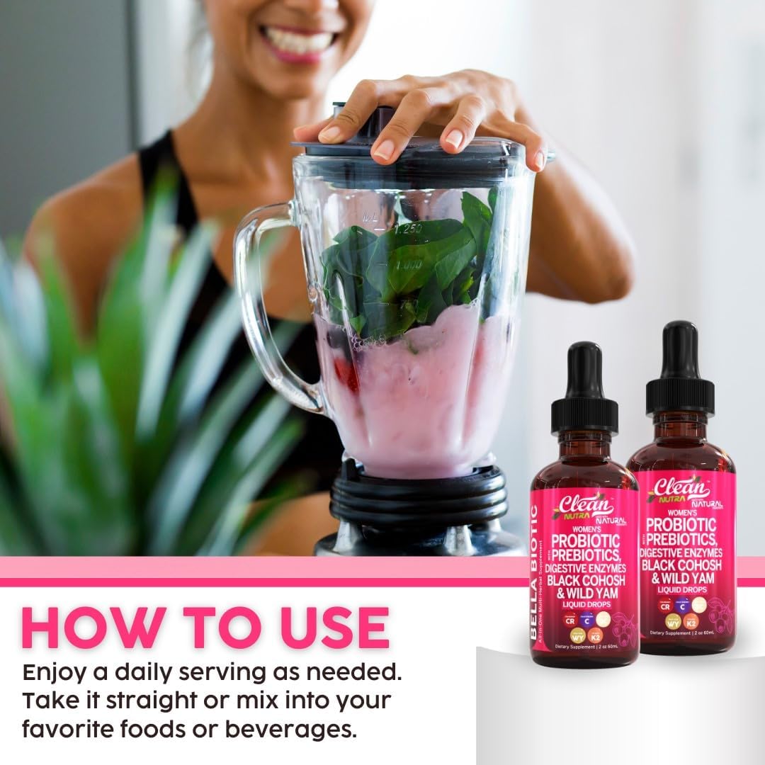 Liquid Probiotics For Women Drops With Chasteberry, Black Cohosh, Prebiotics, Digestive Enzymes, Evening Primrose Oil, Wild Yam, Cranberry Dmannose And Iron Vitamin D3 K2 Clean Nutra Bella Biotics : Health & Household