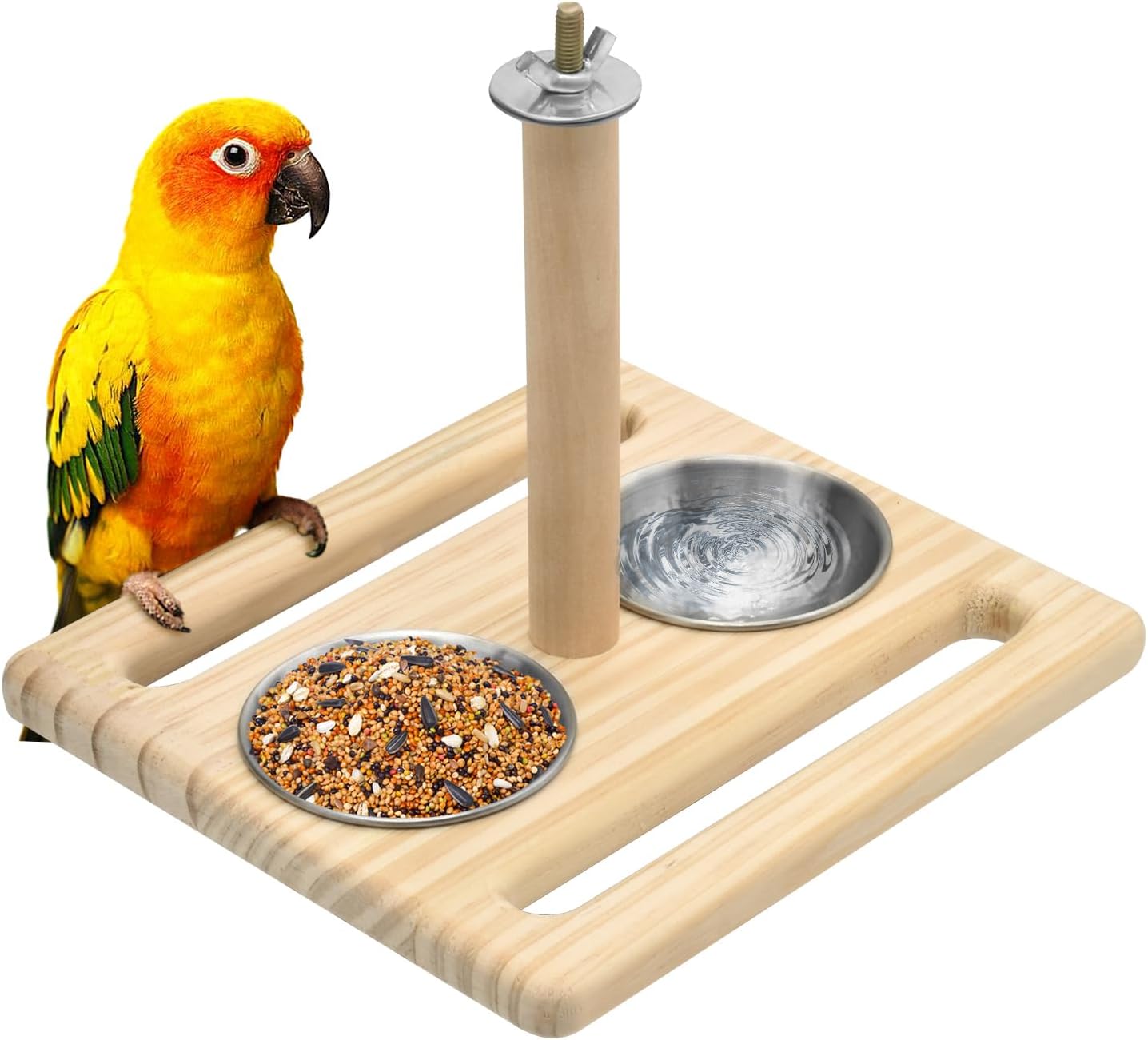 Katumo Bird Perch, Parrot Platform Bird Wood Stand With Feeding Bowl Cups Bird Toys Parrot Cage Accessories For Parakeet Lovebird Cockatiel Conure Budgie Small Birds