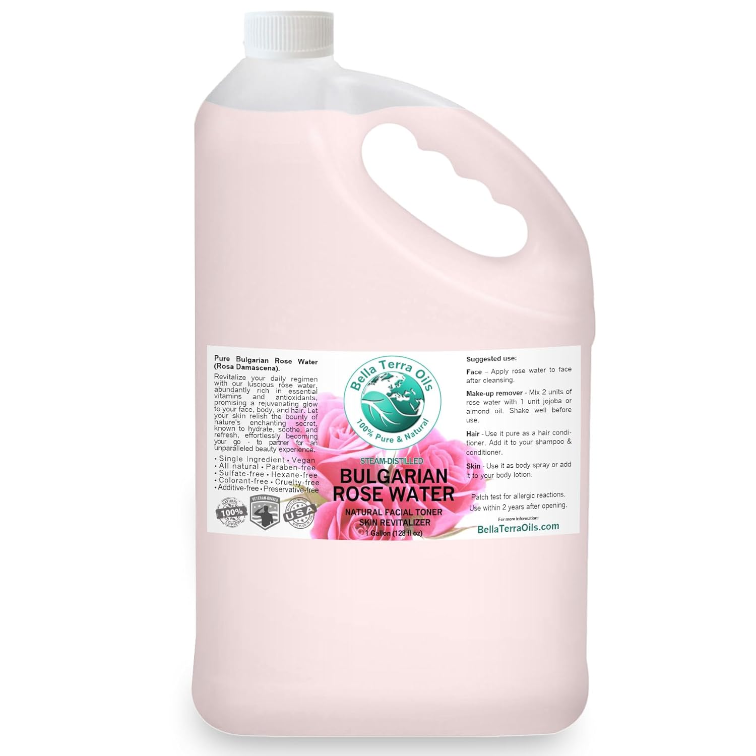 Premium Rose Water Hydrosol – 1 gallon, Pure, Gentle, Refreshing, Natural Skin Tonic, Makeup Essential. Bella Terra Oils