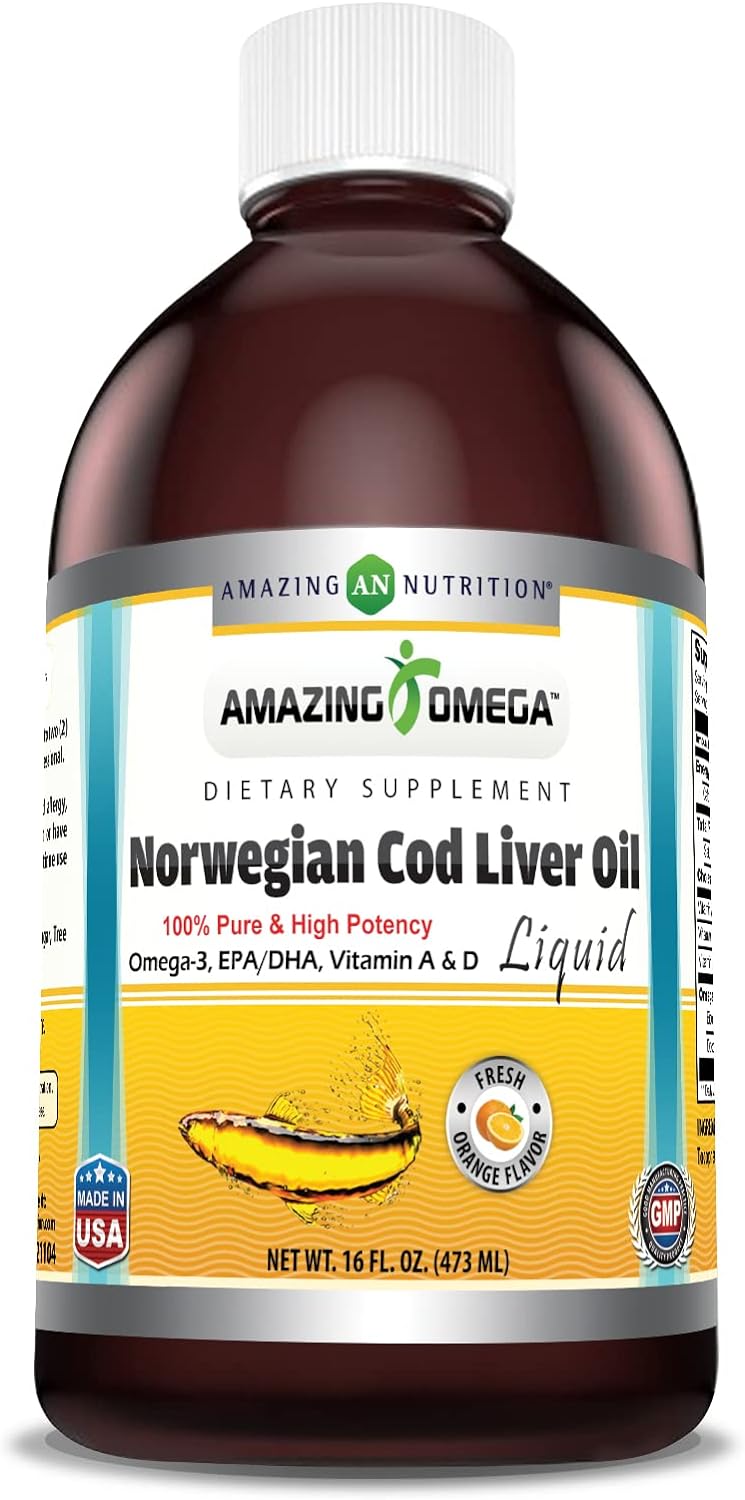 Amazing Omega Norwegian Cod Liver Oil 16 Oz, 473 ml Supplement | Extracted Under Strict Quality Standards from Around The Waters of Norway | Non-GMO | Gluten Free (Fresh Orange Flavor)