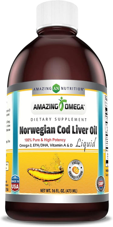 Amazing Omega Norwegian Cod Liver Oil 1, 473 ml Supplement | Extracted Under Strict Quality Standards from Around The Waters of Norway | Non-GMO | Gluten Free (Fresh Orange avor)