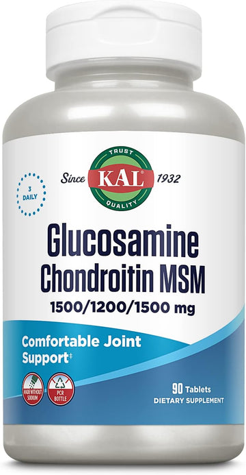 Kal Glucosamine Chondroitin Msm, Joint Support Supplement For Women And Men, 1500Mg Glucosamine Sulfate, 1200Mg Chondroitin, 1500Mg Msm, Rapid Disintegration, 60-Day Guarantee, 30 Servings, 90 Tablets