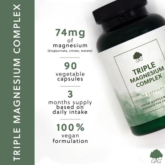 Triple Magnesium Supplement - Glycinate, Citrate & Malate - 74Mg Elemental Magnesium Per Capsule - 90 Vegan Capsules - G&G Vitamins