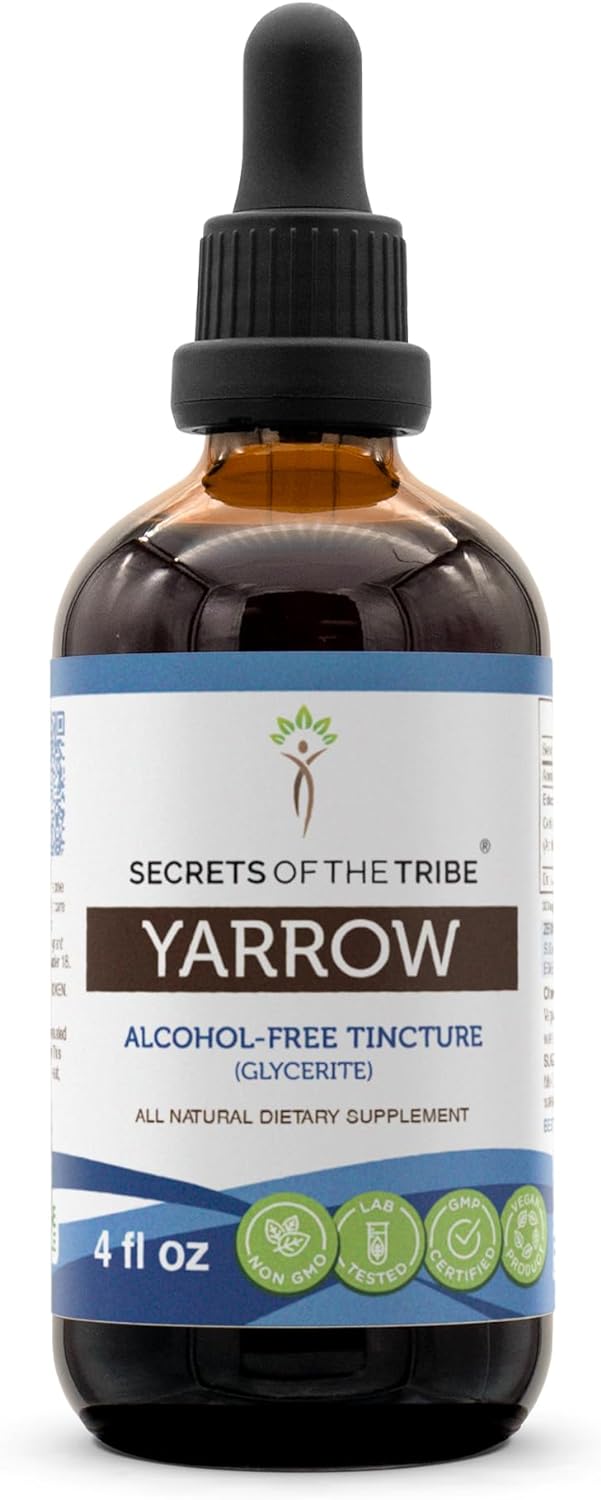 Secrets Of The Tribe Yarrow Alcohol-Free Liquid Extract, Yarrow (Achillea Millefolium) Dried Leaf And Flower Tincture Supplement (4 Fl Oz)