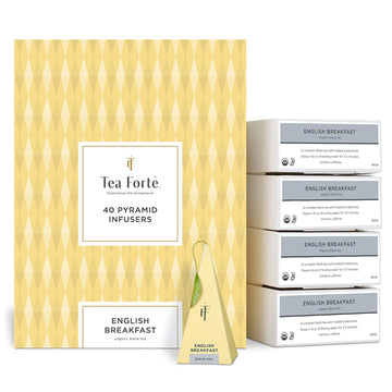 Tea Forte English Breakfast Premium Organic Caffeinated Black Tea Blend Bulk Pack, 40 Count Individually Wrapped Handcrafted Pyramid Infuser Tea Bags