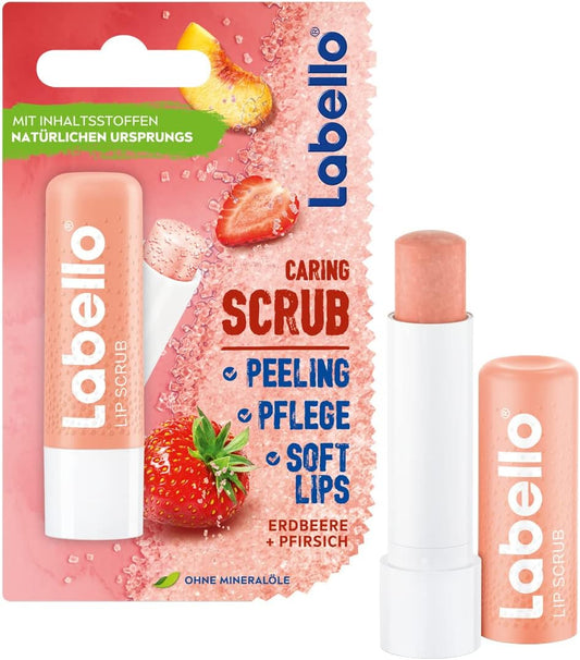 Labello Lip Scrub Strawberry + Peach (5.5 Ml), Innovative Lip Balm With Scrub Particles Of Natural Origin, Gentle Lip Scrub With Vitamin E