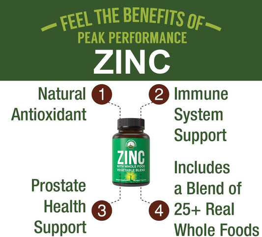 Vegan Zinc Supplement With Vitamin C + Whole Food Blend Of 25 Vegetables And Fruits For Max Absorption. Zinc Supplements 30Mg Capsules, Pills, Tablets, Vitamins For Adults Both Men And Women