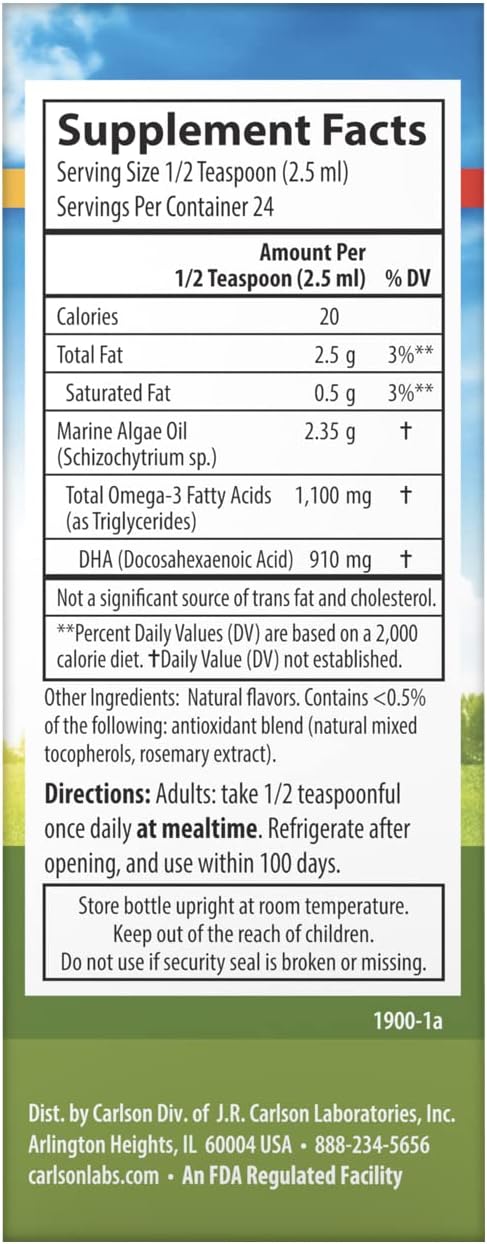 Carlson - Vegetarian DHA, 910 mg DHA, Cognitive Function, Mood Health, Plant-Based, Lemon, 60 mL (2 fl oz)