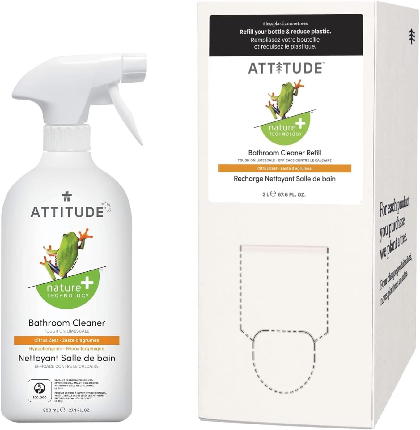 Bundle Of Attitude Nature +, Hypoallergenic All Purpose Bathroom Cleaner, Citrus Zest 27.1 Fl Oz + Bulk Refill 67.6 Fl Oz